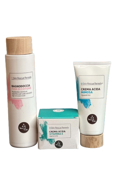 COFANETTO SKIN RESCUE REMEDY con crema acida vitamina E, crema acida Mimosa, bagnodoccia fior di cotone
