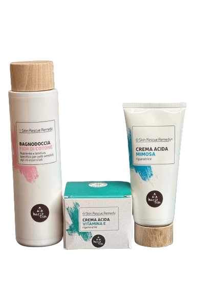 COFANETTO SKIN RESCUE REMEDY con crema acida vitamina E, crema acida Mimosa, bagnodoccia fior di cotone