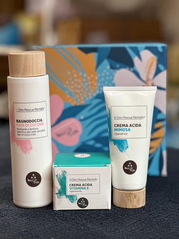 COFANETTO SKIN RESCUE REMEDY con crema acida vitamina E, crema acida Mimosa, bagnodoccia fior di cotone