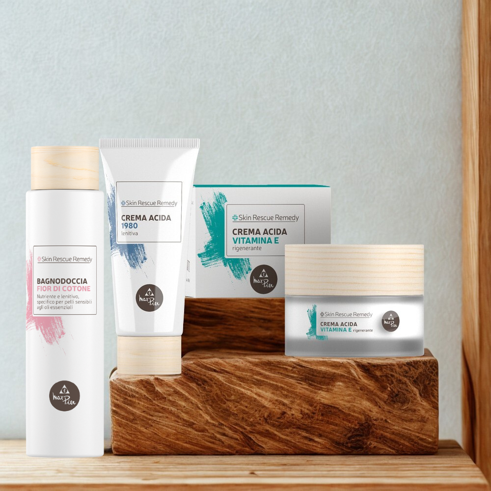 COFANETTO SKIN RESCUE REMEDY con crema acida vitamina E, crema acida 1980, bagnodoccia fior di cotone